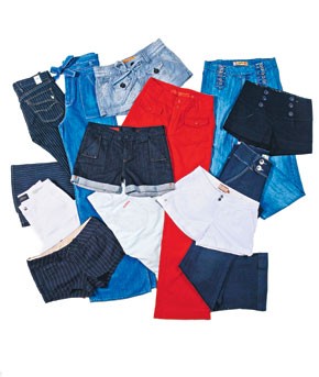 Clockwise from upper left: Agave's cotton and polyurethane jeans.;  J Brand's cotton denim jeans.; Dittos' cotton and polyester shorts.; YMI's cotton, polyester and spandex shorts.; Tyte's cotton denim jeans.; Paige Premium Denim's cotton and spandex...