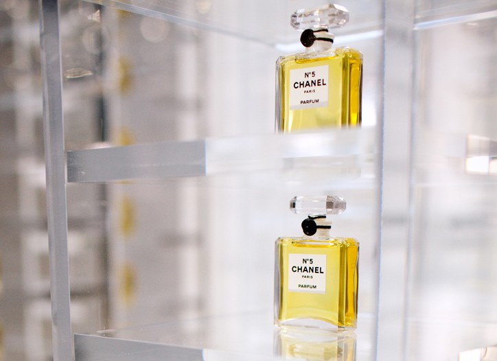 Perfume bottles at the Culture Chanel exhibit at the Museum of Contemporary Art in Shanghai.