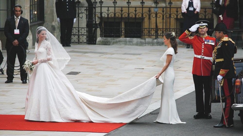 Kate Middleton in an Alexander McQueen gown designed by Sarah Burton with sister Pippa Middleton at her royal wedding to Prince William in London