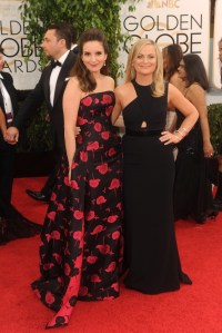 Tina Fey in Carolina Herrera with Amy Poehler in Stella McCartney on the red carpet of the 71st Annual Golden Globe Awards, 2014.