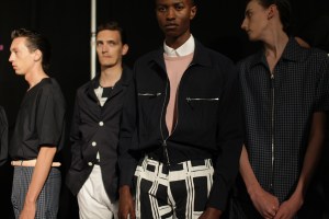 Model backstage at E.Tautz Men's RTW Spring 2016
