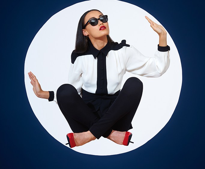 Carolina Hererra top, Warby Parker sunglasses, AYR pants, Saint Laurent shoes