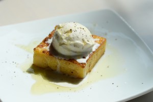 Crispy polenta with vanilla ice cream, olive oil, sea salt