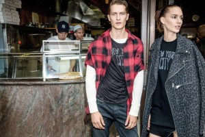 R13’s cotton and lyocell dress and wool, polyester and cotton jacket on her and oversize plaid flannel shirt, cotton T-shirt and denim jeans on him