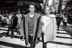 Rag & Bone's wool and nylon coat, cotton T-shirt and cotton pants on her and wool herringbone parka on him.