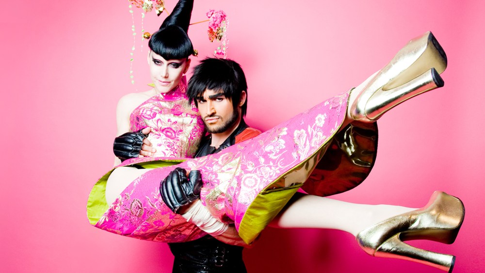 Susanne Bartsch and François Sagat in Switzerland hosting an AIDS benefit. Dress by Mathu and Zaldy, 2011.