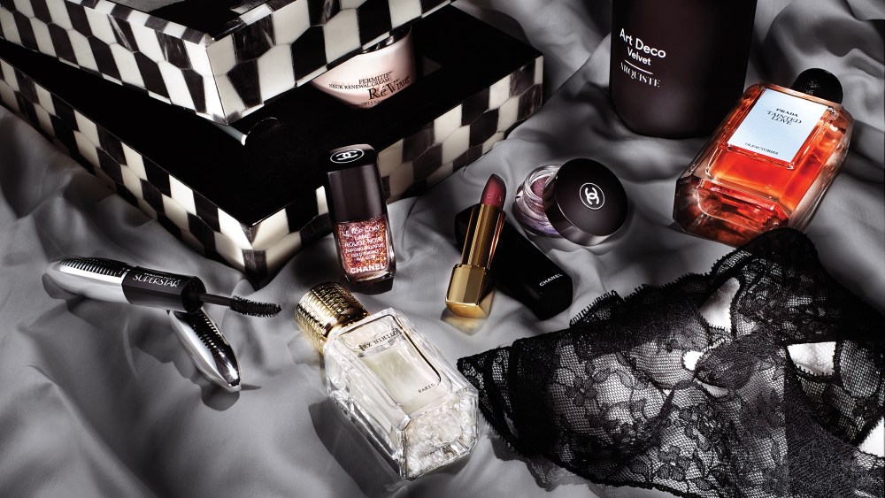 1. RéVive Skincare Artbox 13, $595; 2. Vilhelm Parfumerie Fleur Burlesque, $245; 3. Arquiste Art Deco Velvet, $85; 4. Prada Olfactories Tainted Love, $300; 5. Givenchy Le Soin Noir, $330; 6. Ex Nihilo Fleur Narcotique, $225; 7. L’Oréal Voluminous Superstar Mascara, $10.99; 8. Chanel Le Top Coat Lame Rouge Noir, $27, Rouge Allure, $36, and Illusion D’Ombre, $36, in Rouge Noir