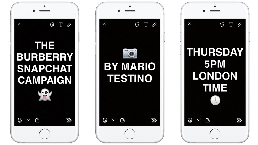 Screenshots of the Burberry Snapchat campaign.