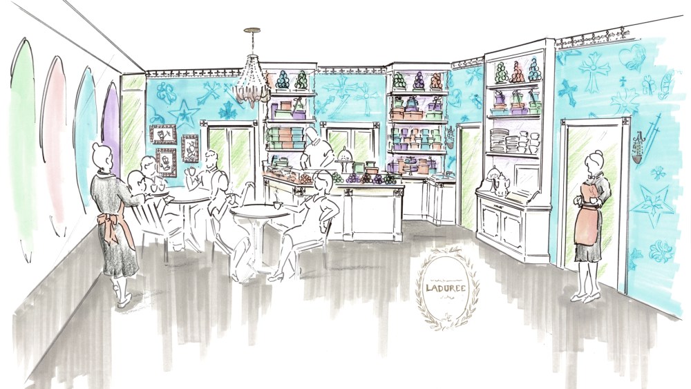 A sketch of Ladurée’s macaron and tea shop opening in Chrome Hearts’ Miami boutique.