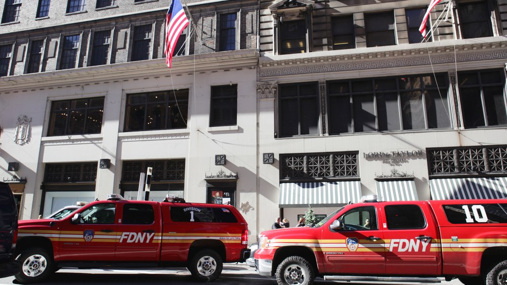 Firetrucks outside the Lord & Taylor on Fifth Ave.
