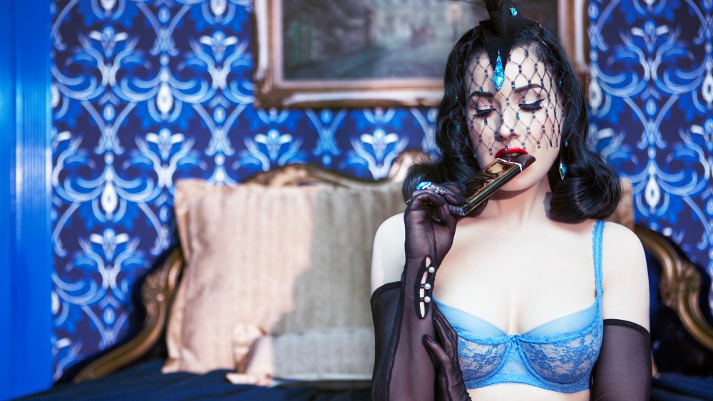 Dita Von Teese wearing the Victoria Grant hats with Stephen Webster jewels, for WhoYouAre