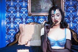 Dita Von Teese wearing the Victoria Grant hats with Stephen Webster jewels, for WhoYouAre