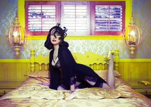Dita Von Teese wearing the Victoria Grant hats with Stephen Webster jewels, for WhoYouAre