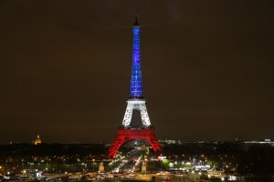 The Eiffel Tower lit in the colors of the French flags – blue, white and red, starting Monday night through to Wednesday.