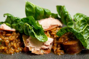 Duck sausage with emmer, carrot, cumin, beer and spinach.