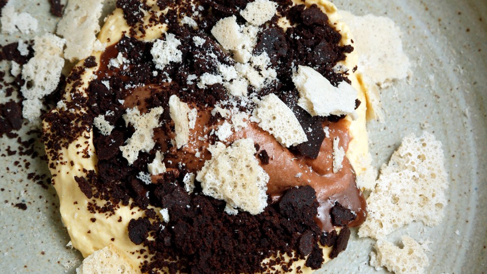 Chocolate, lucuma and coffee dessert.