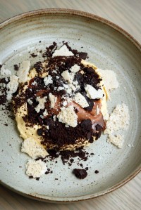 Chocolate, lucuma and coffee dessert.