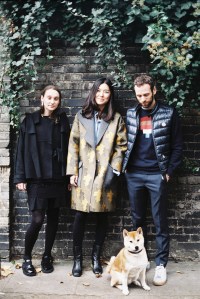 Phoebe English, Rejina Pyo Alexander Lewis and his pooch, Ryo, wearing a Goyard collar.