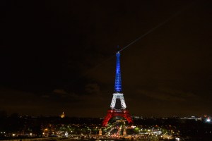 The Eiffel Tower lit in the colors of the French flags – blue, white and red, starting Monday night through to Wednesday.