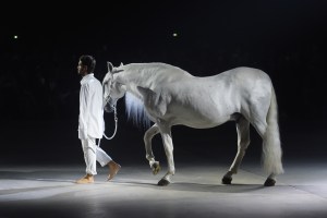 Jacquemus designer Simon Porte Jacquemus leading a white steed