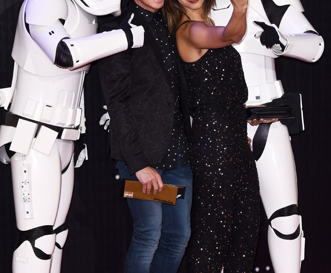 Myleene Klass posing for a selfie with Stormtroopers