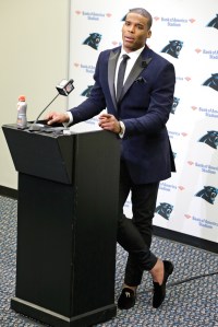 Cam Newton at a postgame press conference during the 2015 season.
