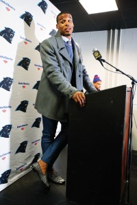 Cam Newton at a postgame press conference during the 2015 season.