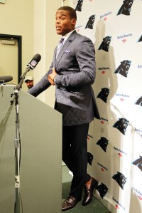 Cam Newton at a postgame press conference during the 2015 season.
