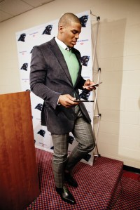 Cam Newton at a postgame press conference during the 2015 season.