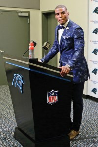 Cam Newton at a postgame press conference during the 2015 season.