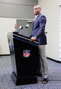 Cam Newton at a postgame press conference during the 2015 season.