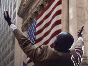 A street preacher in New York appeals to Wall Street to repent, 2011, photographed by Christopher Anderson