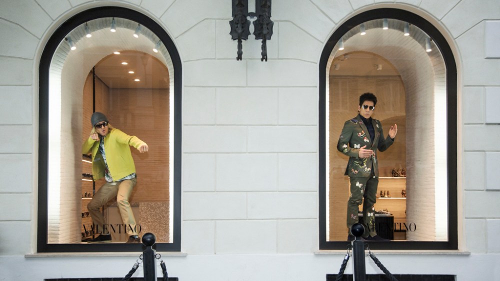 Ben Stiller and Owen Wilson pose in Valentino shopping windows in Rome