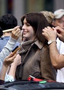 Anne Hathaway on set for "The Devil Wears Prada."