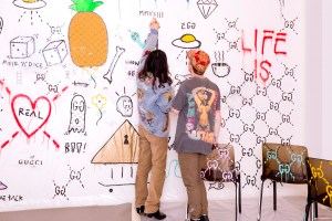 Alessandro Michele and Trevor Andrew in Andrew's temporary studio at the Gucci headquarters in Milan.
