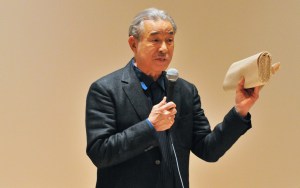 Issey Miyake speaks during the launch of his exhibition at the National Art Center in Tokyo.