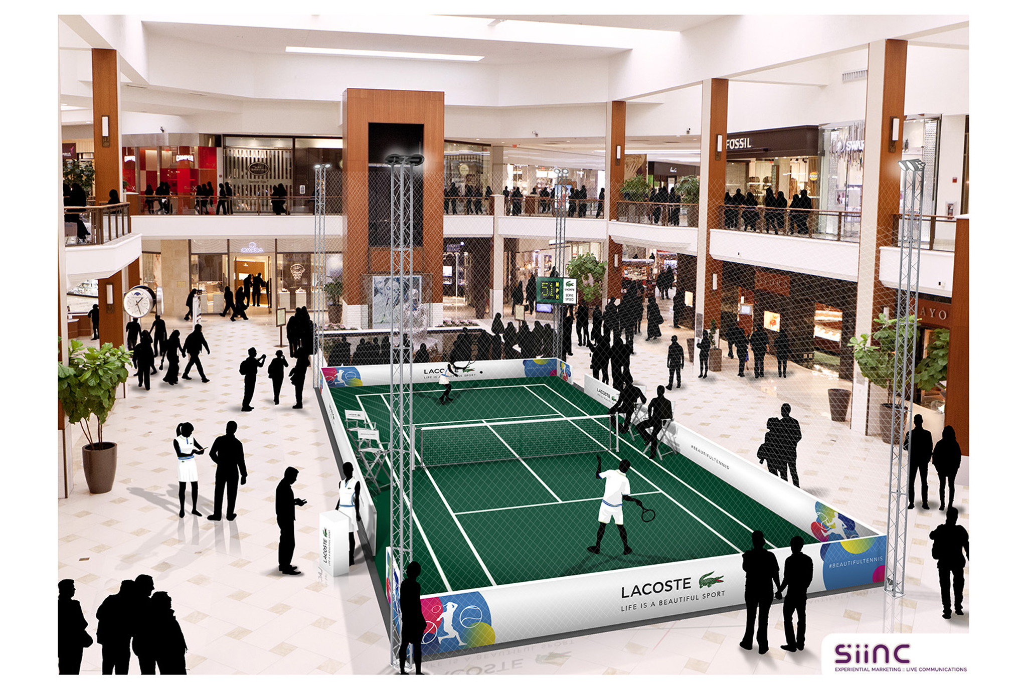 Lacoste rendering of tennis court at Aventura Mall in Miami.