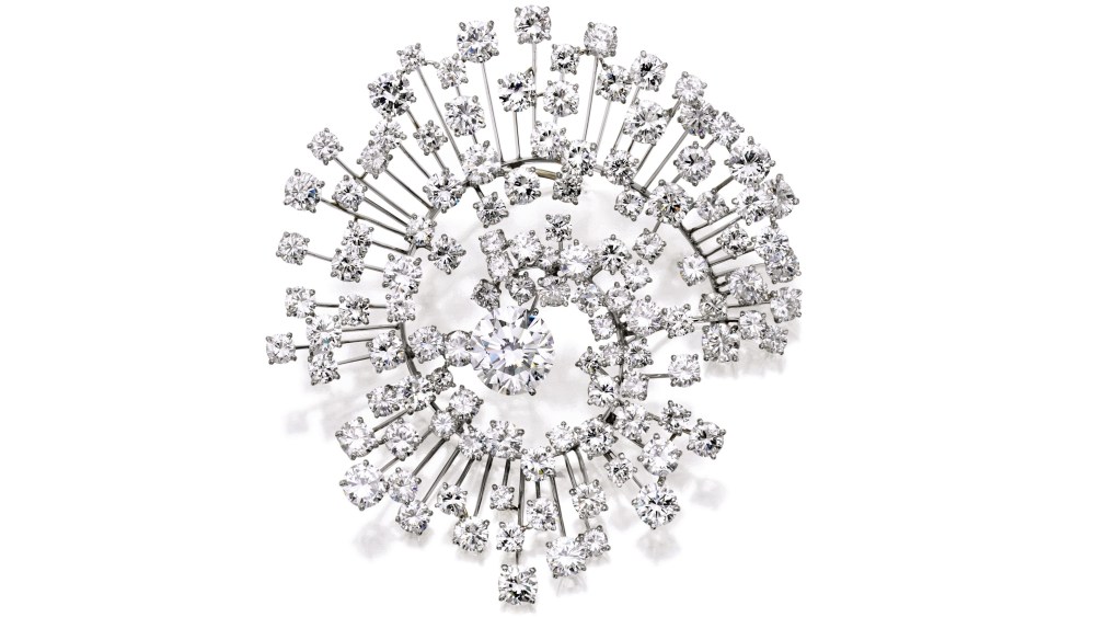 A platinum and diamond brooch offered for auction by Sotheby's.