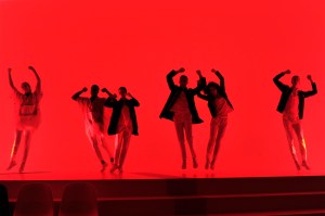A group of dancers showed off the Olympic collection by Lacoste