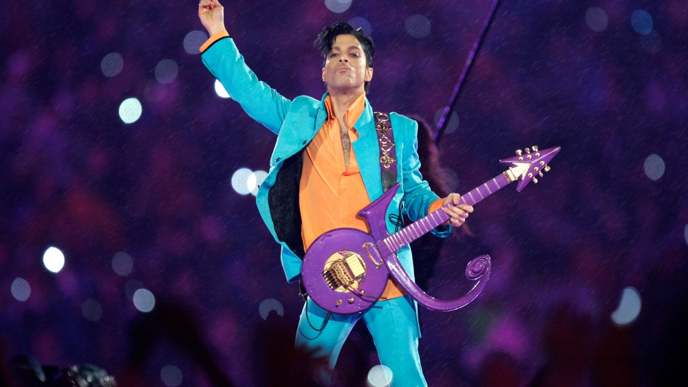 Prince performing during the halftime show at the Super Bowl XLI football, February 4th, 2007.