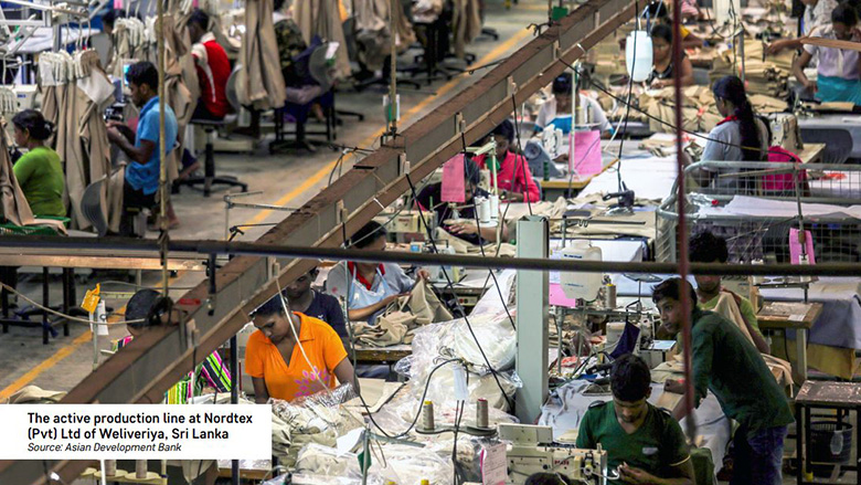 A line of garment workers in Nordtex Ltd. in Weliveriya, Sri Lanka.