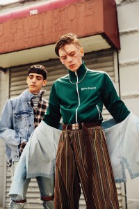 From left: Fear of God’s cotton denim jacket and denim jeans, Faith Connexion’s cotton shirt and Gypsy Sport’s cotton turtleneck. Gypsy Sport’s cotton shirt and cotton corduroy pants and Palm Angels’ polyester track jacket. Gypsy Sport belt; Triton necklace.