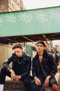 From left: Les Benjamins’ leather jacket and Second/ Layer’s wool sweater and cotton jeans. Chrome Hearts necklace. Second/Layer’s leather jacket and alpaca collar and wool pants. Chrome Hearts bracelet.