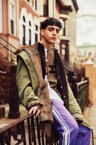 Faith Connexion’s leather jacket, Fear of God’s cotton shirt, tank top and pants and Second/ Layer’s virgin wool shirt around waist. Chrome Hearts necklace; Triton bracelet; Vans sneakers.