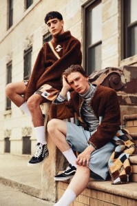 From Left: Gypsy Sport’s cotton fleece pullover and cotton sateen shorts. Gypsy Sport bag; Vans sneakers. Gypsy Sport’s cotton corduroy coat, cotton turtleneck and cotton denim shorts. Triton bracelet; Vans sneakers.