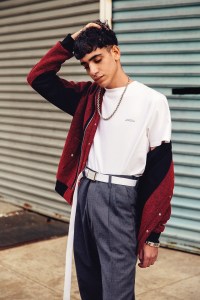 Les Benjamins’ cotton jacket, Second/Layer’s cotton T-shirt and wool pants. Chrome Hearts necklace and bracelet; Gypsy Sport belt.