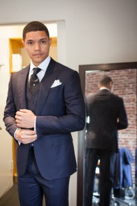 Trevor Noah getting fitted in an Ermenegildo Zegna made-to-measure suit for the Met Gala.