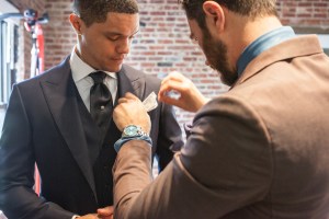 Trevor Noah getting fitted in an Ermenegildo Zegna made-to-measure suit for the Met Gala.