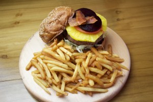 Corner Shop Burger with "the lot" - Pineapple, bacon, beets, fried egg, Iceberg lettuce, tomato, sesame seed bun