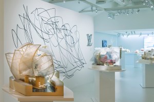 Displays at the exhibit “Fondation Louis Vuitton Building in Paris by Frank Gehry.”